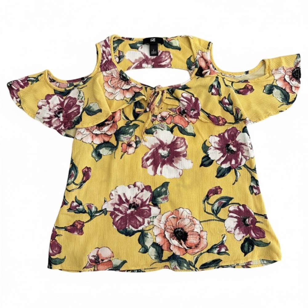 Iz Byer Yellow Floral Cold Shoulder Blouse